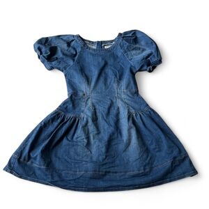 Habitual Kids Puff Sleeve Drop Waist Pleat Fit Flare Stretch Denim Midi Dress 12